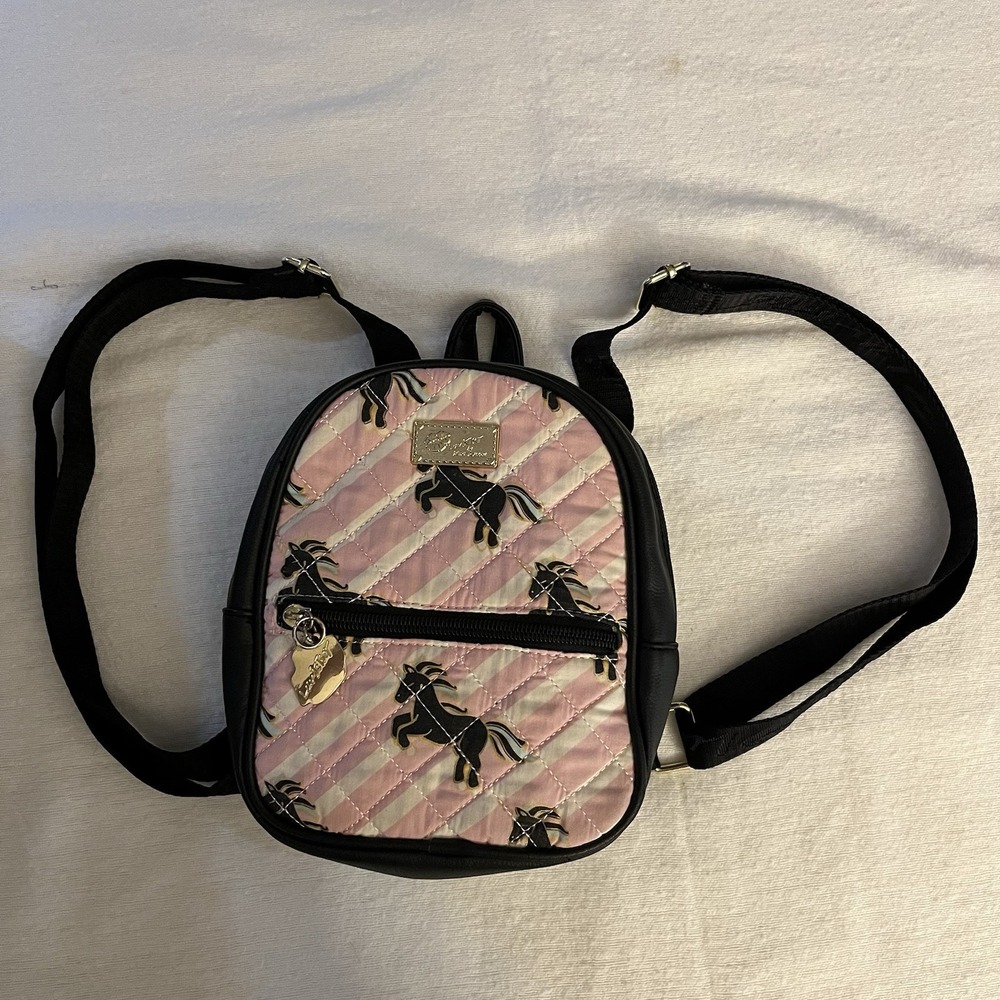 Betsy Johnson Mini Backpack Purse With Horses Blk & Pink Zips 8x7" Gold Accents